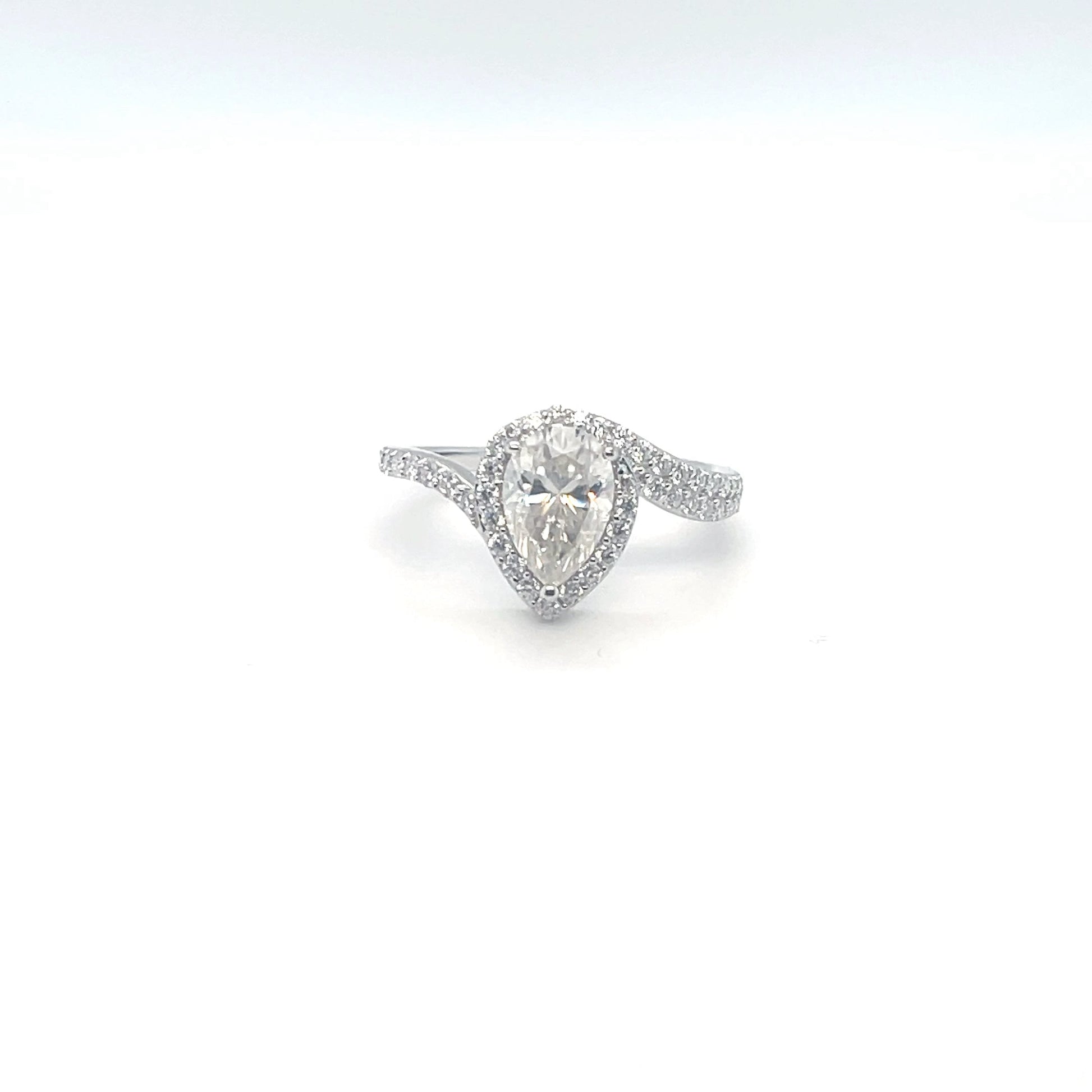 TTT 2 Ct Pear Shaped Center & Full Moissanite Gemstones Highlighted Ring; SS, Rhodium Plated.-WH