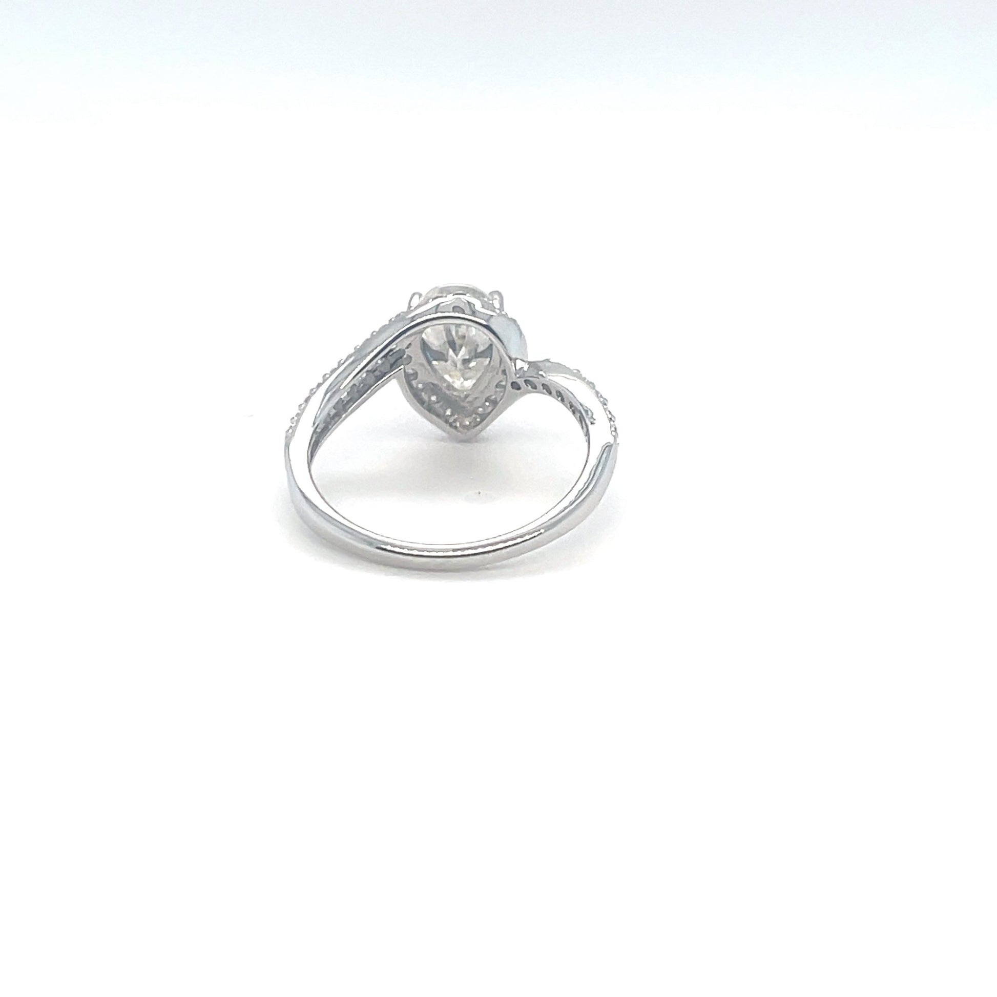 TTT 2 Ct Pear Shaped Center & Full Moissanite Gemstones Highlighted Ring; SS, Rhodium Plated.-WH
