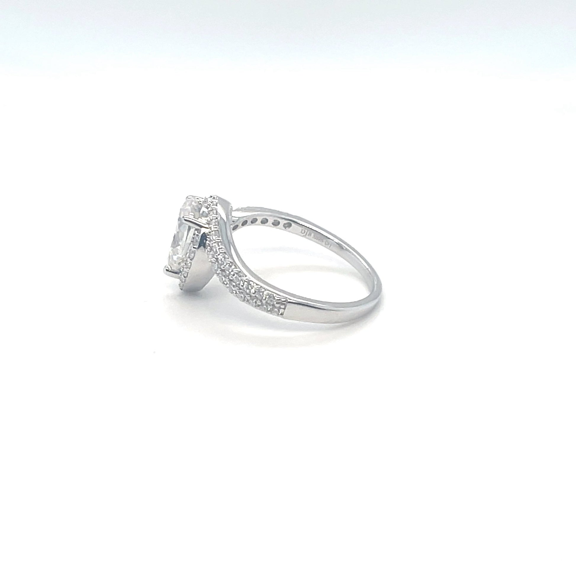 TTT 2 Ct Pear Shaped Center & Full Moissanite Gemstones Highlighted Ring; SS, Rhodium Plated.-WH