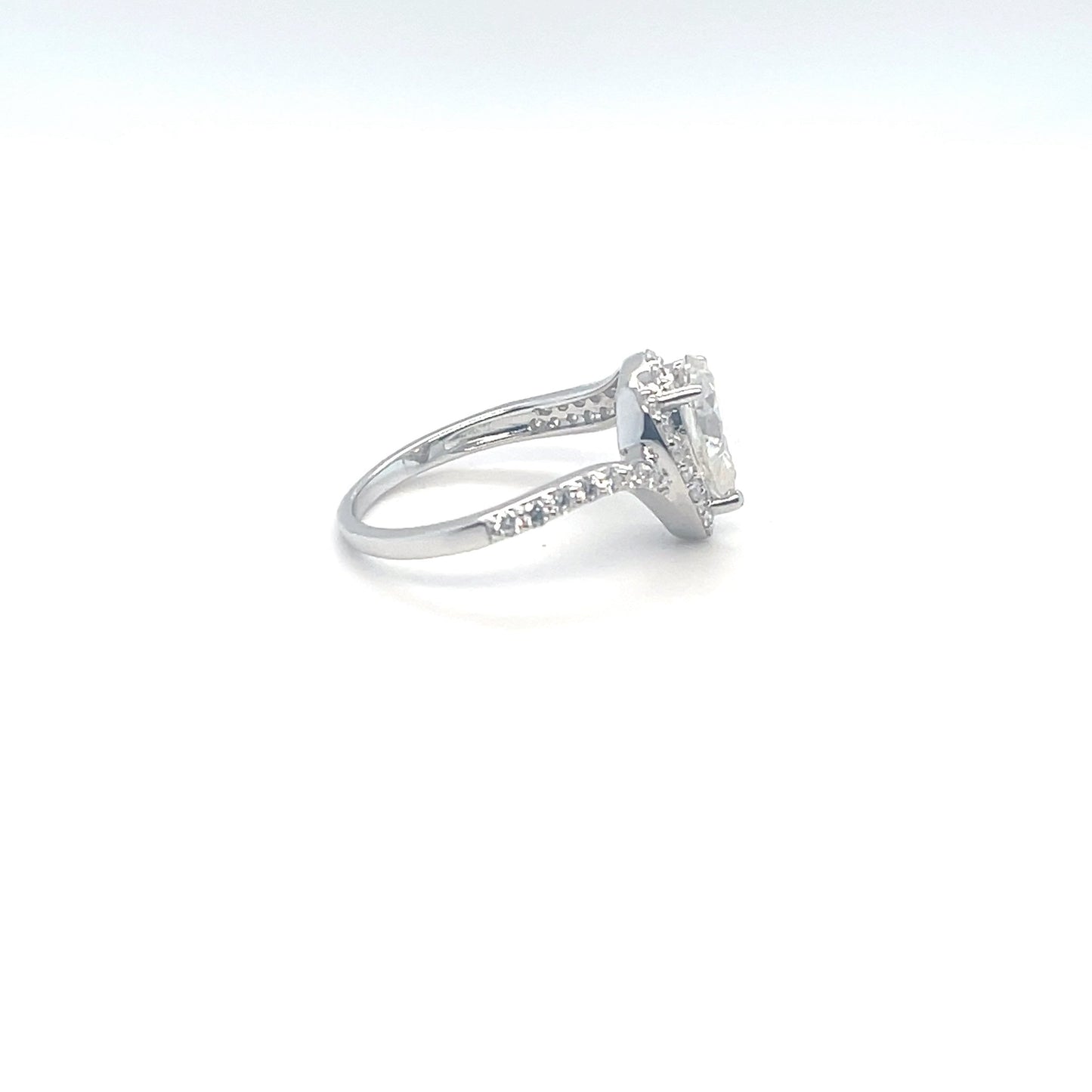 TTT 2 Ct Pear Shaped Center & Full Moissanite Gemstones Highlighted Ring; SS, Rhodium Plated.-WH