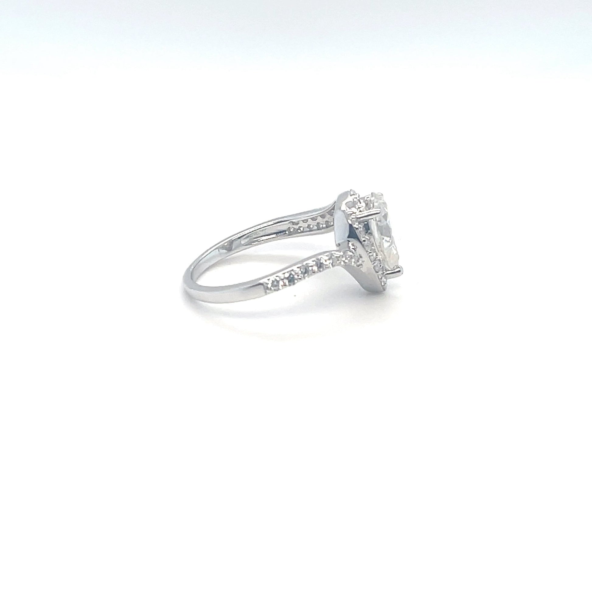 TTT 2 Ct Pear Shaped Center & Full Moissanite Gemstones Highlighted Ring; SS, Rhodium Plated.-WH
