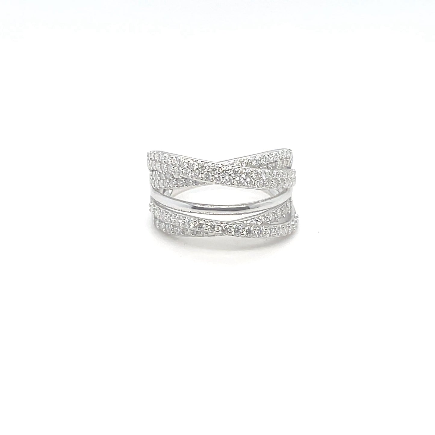 TTT 5 Band Criss-Cross Ring w/Moissanite Gemstone Highlights; Plated SS.