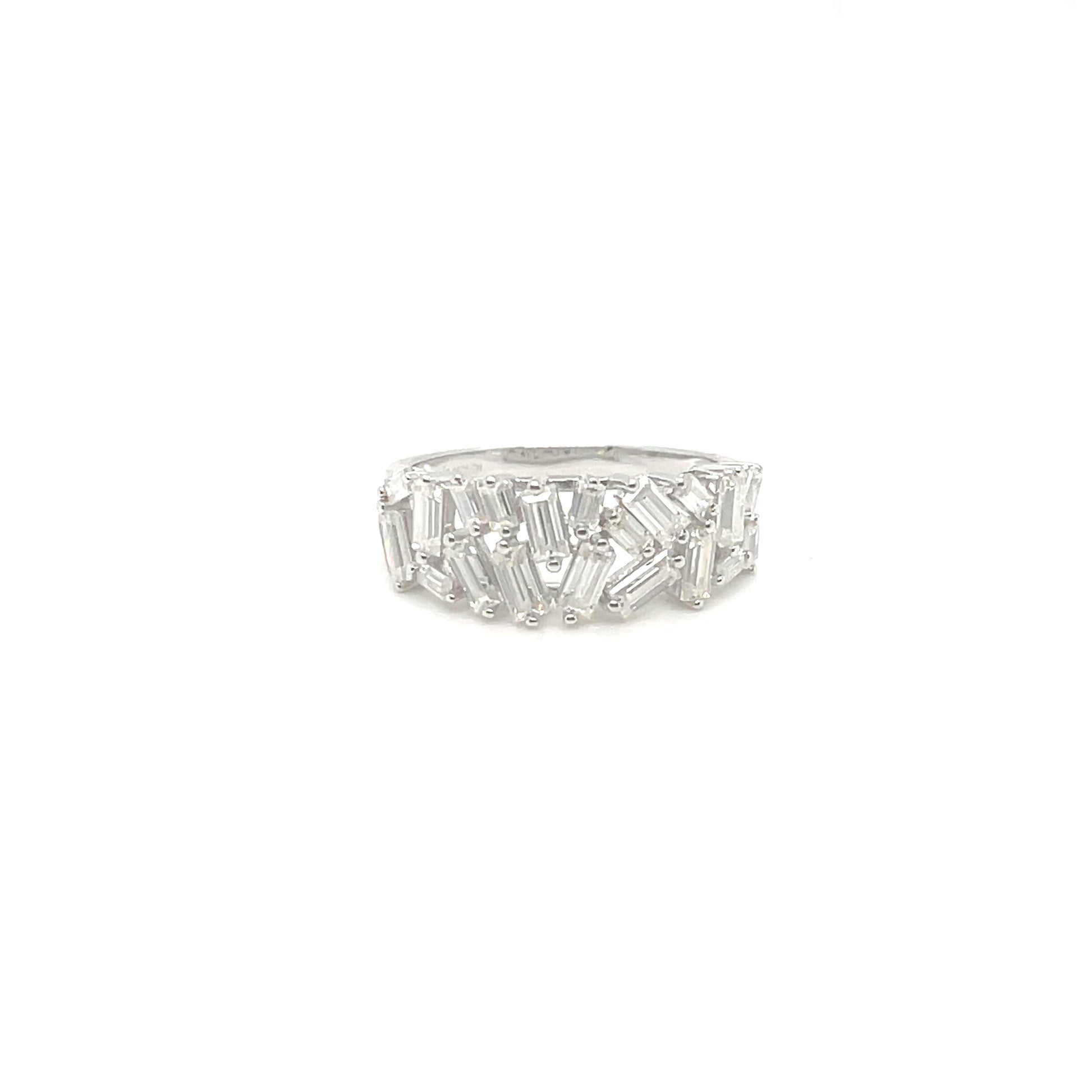TTT Rectangular Moissanite Gemstone Baquettes Ring; Rhodium Plated Sterling Silver.