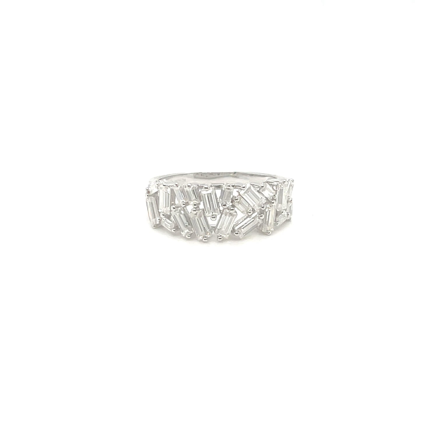 TTT Platinum Plated, Sterling Silver Ring w/Rectangular Moissanite Gemstone Baquettes.-WH