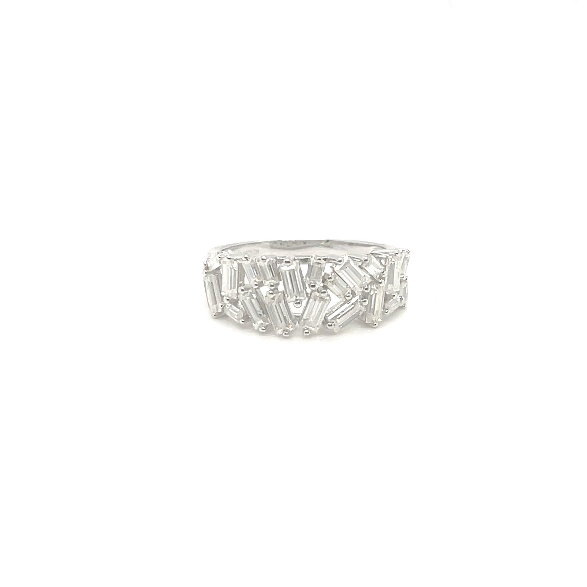 TTT Platinum Plated, Sterling Silver Ring w/Rectangular Moissanite Gemstone Baquettes.-WH