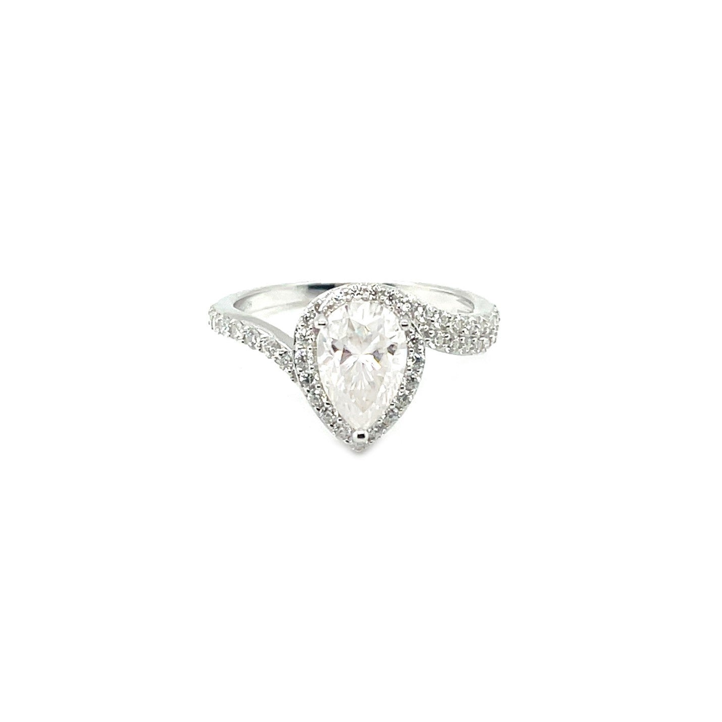 TTT 2 Ct Pear Shaped Center & Full Moissanite Gemstones Highlighted Ring; SS, Rhodium Plated.-WH
