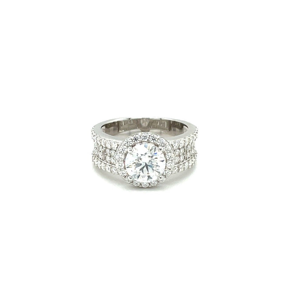 TTT Platinum Plated, SS Ring w/1.5 Ct Round Center & Side Accent Moissanite Gemstones.-WH