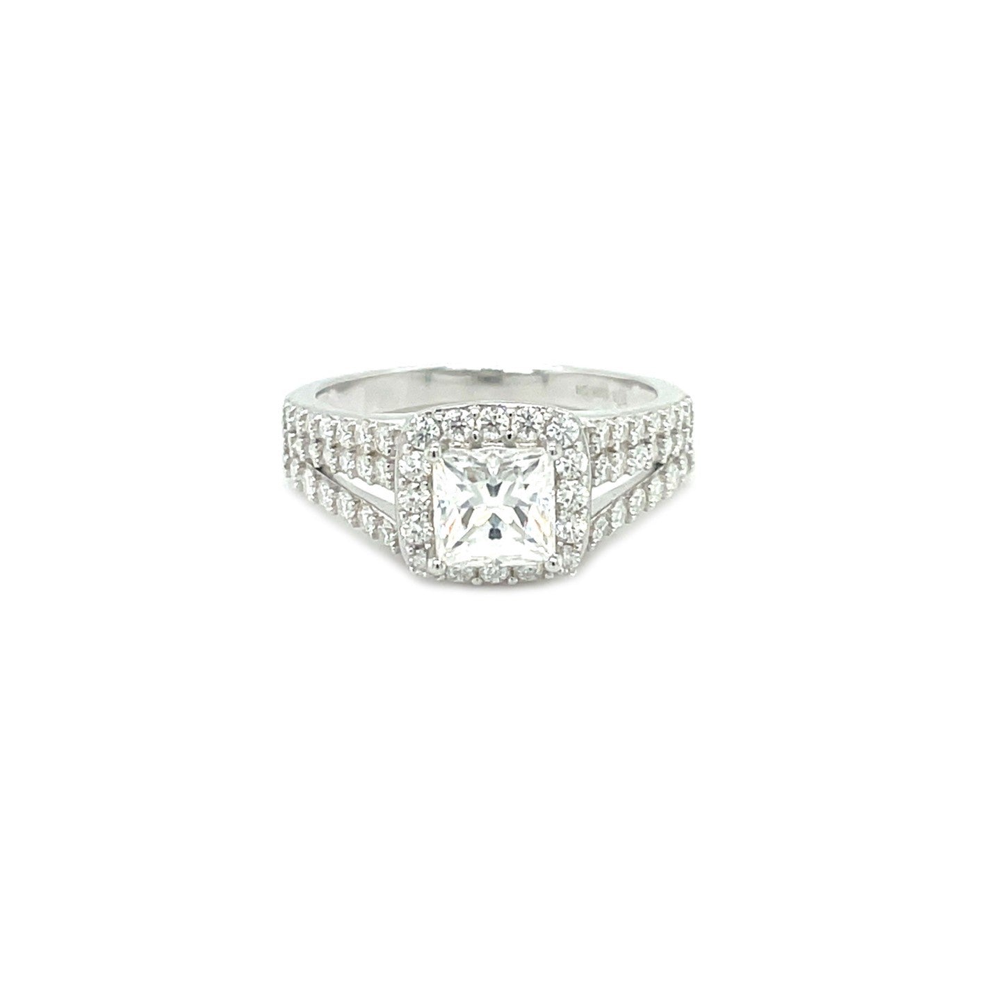 TTT 1 Ct Square, Halo & Moissanite Gemstone Accented Ring; Rhodium Plated-WH