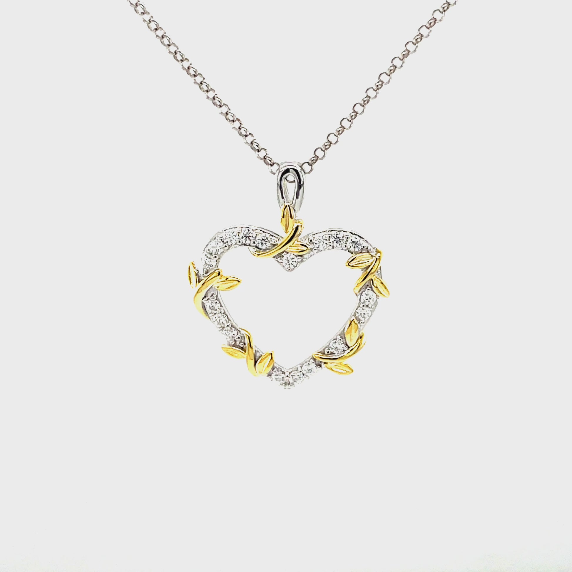 PML Two Tone, Heart Pendant w/Moissanite Gemstones Highlights & SS Chain.