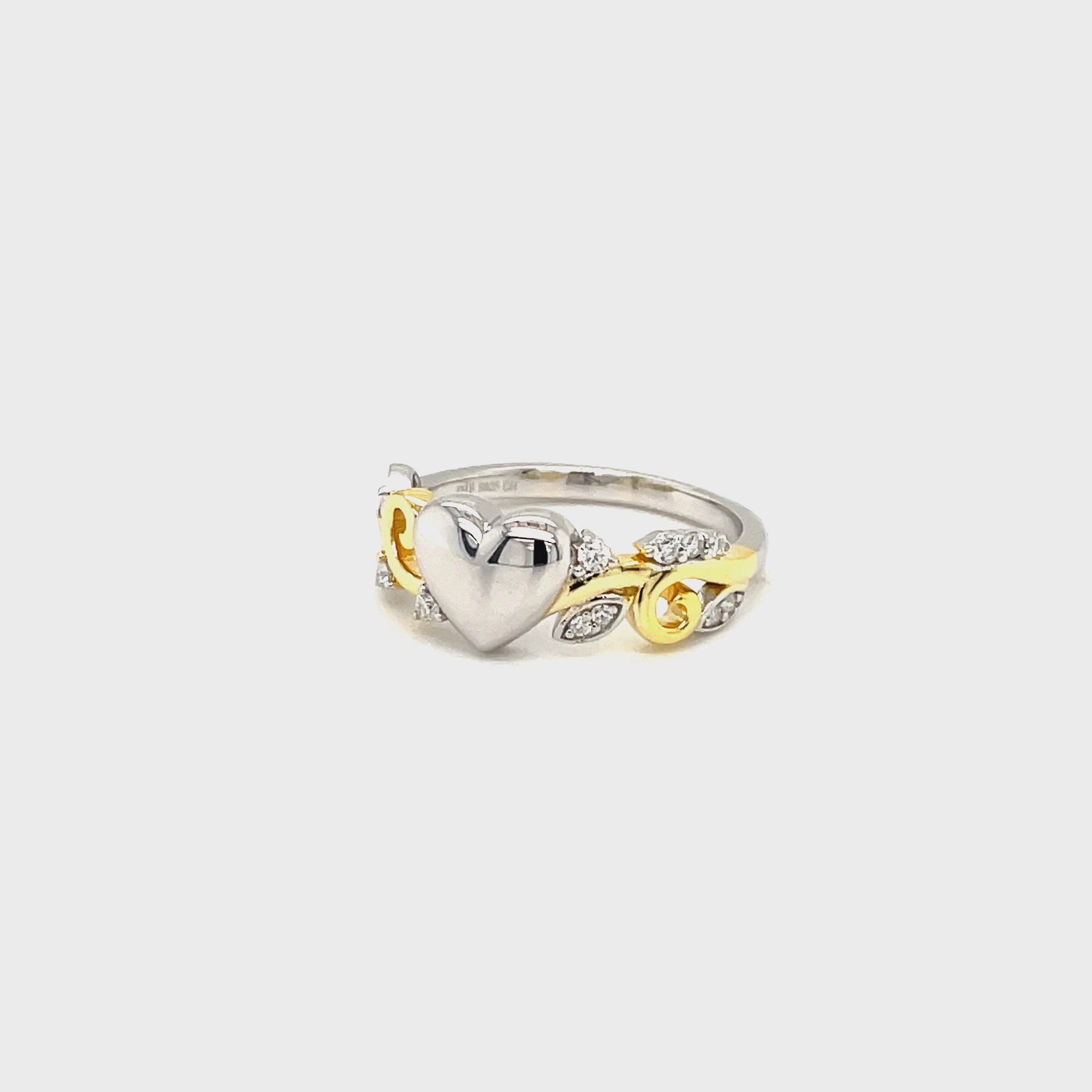 PML 14KT Gold Plated Heart Ring w/Moissanite Gemstone Accents; Rhodium Pltd. SS.