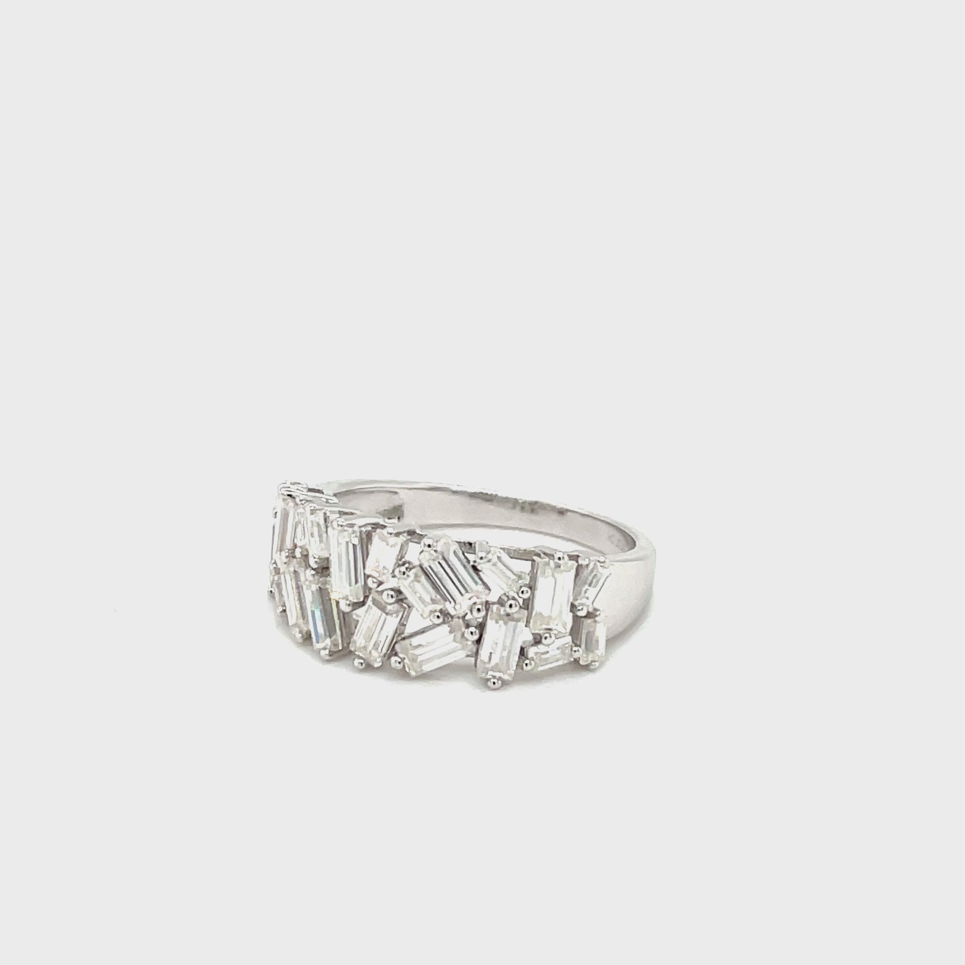 TTT Rectangular Moissanite Gemstone Baquettes Ring; Rhodium Plated Sterling Silver.