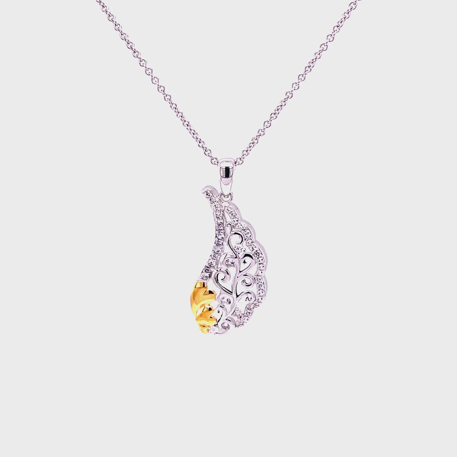 M Angel Wings Pendant; Two Tone Plated SS w/Created Sapphires & Chain