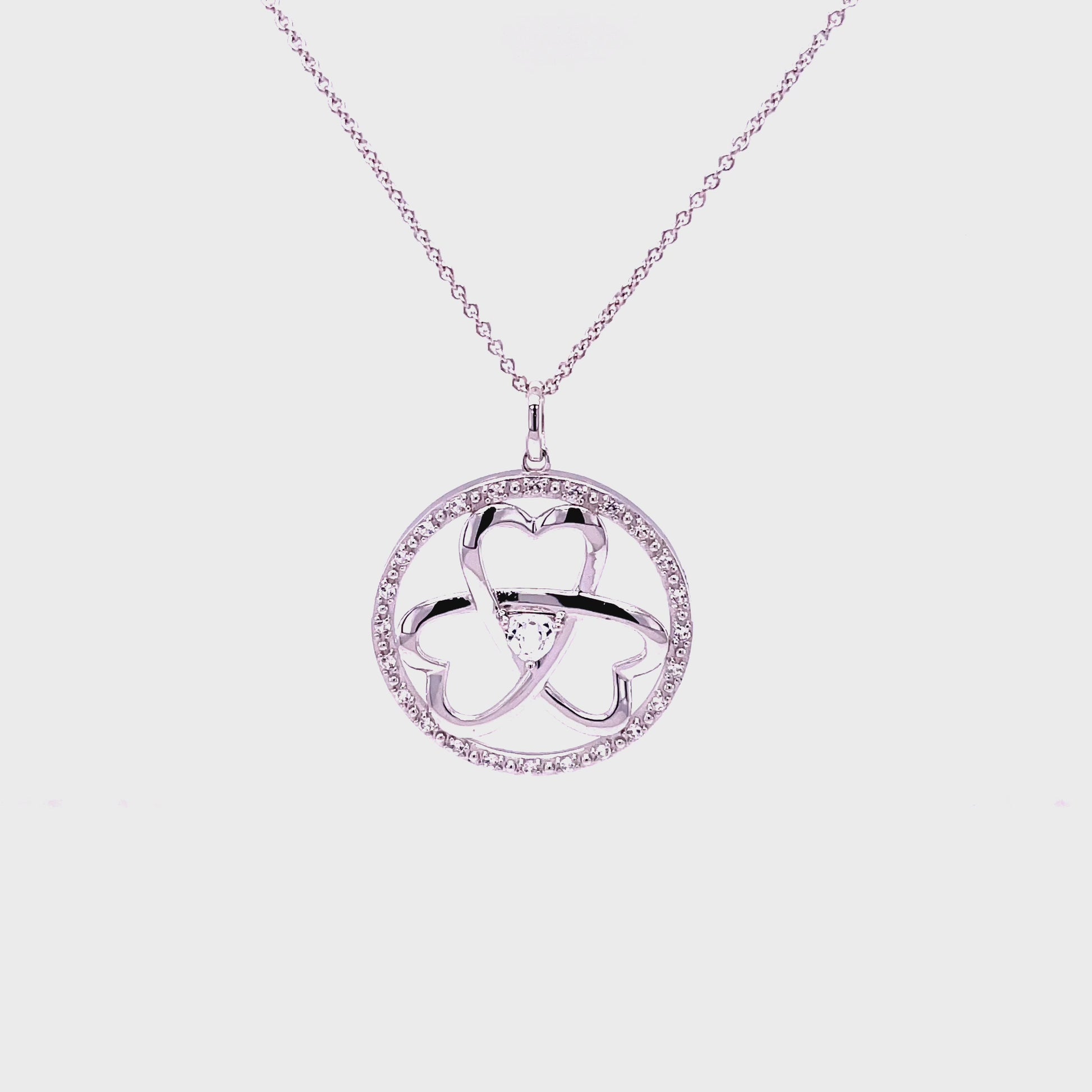 M Legacy Of Love, Circle & Hearts Pendant; Platinum Plated SS w/Created Sapphires & 18" Chain