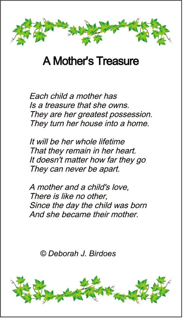 Poem card of M A Mother’s Treasure Heart SS Pendant; Slightly Antiqued Swirls w/Created Sapphires & SS Chain.