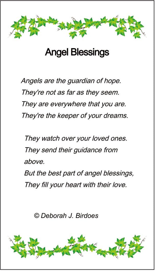 Poem card of M Angel Blessings Pendant; Antiqued, Rhodium Plated SS w/Created Sapphire Gemstone Heart & Accents and Chain.