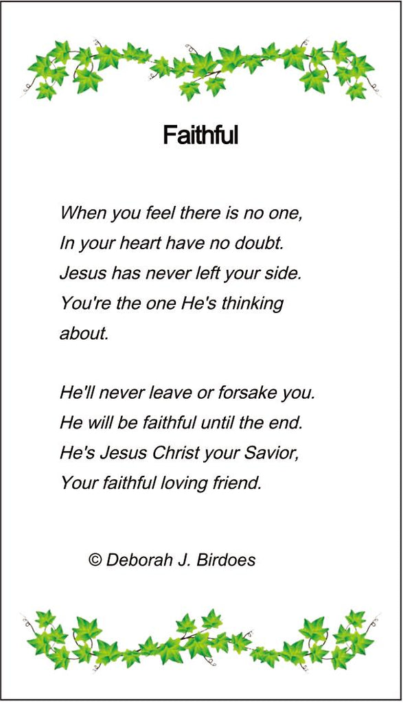 Poem card of M Faithful,  Rhodium Plated SS Cross w/Created Sapphire Gemstones & SS Chain.