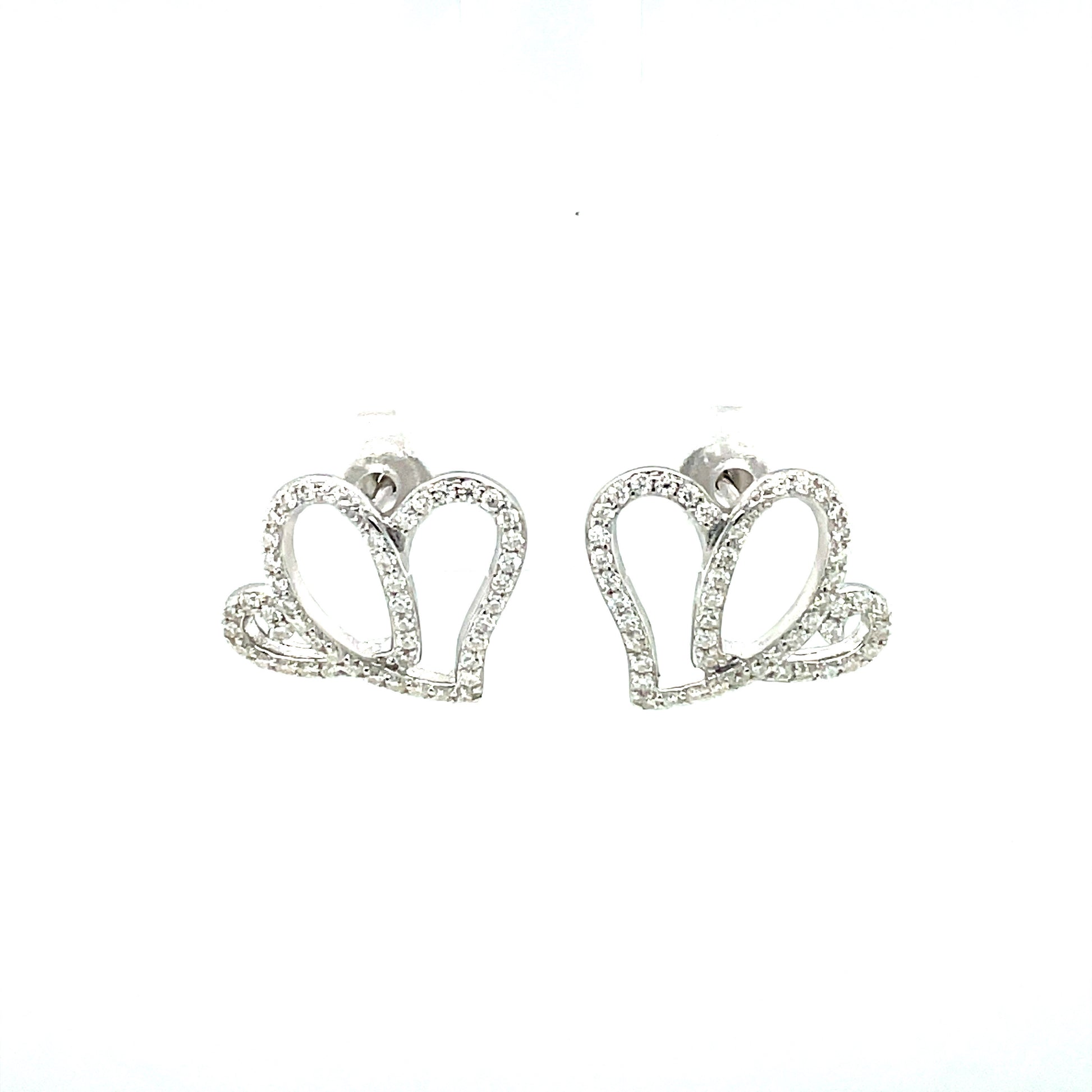 AH Full Moissanite Gemstone Two Hearts Earrings; Rhodium Plated SS.