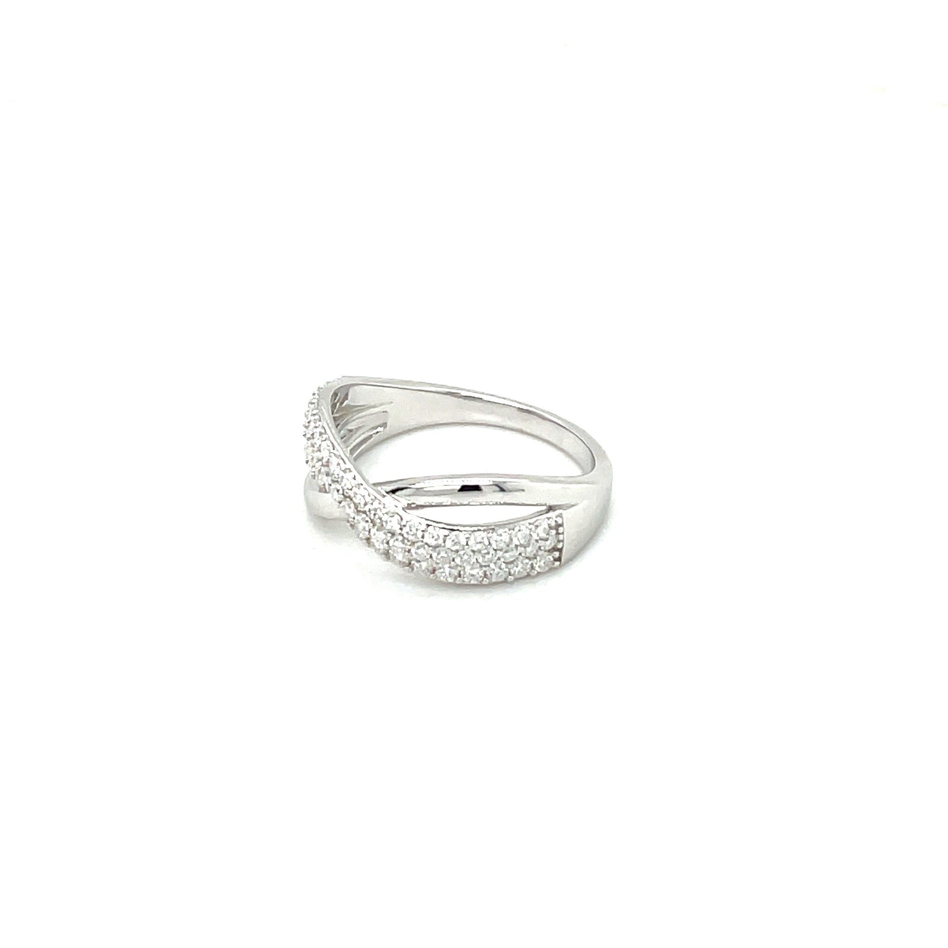 TTT High Polish, Criss-Cross Ring w/Moissanite Gemstones; Platinum Plated.