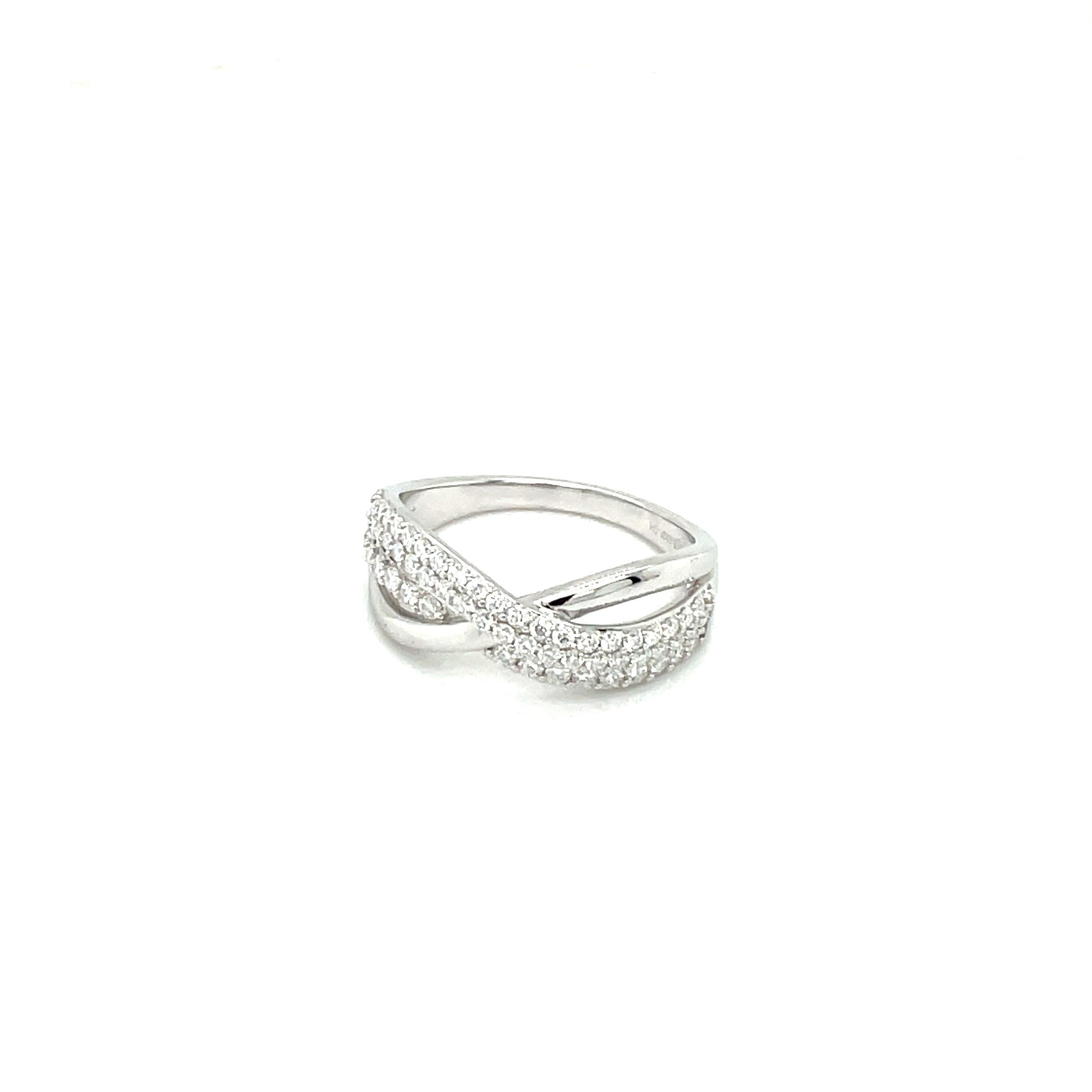 TTT High Polish, Criss-Cross Ring w/Moissanite Gemstones; Platinum Plated.