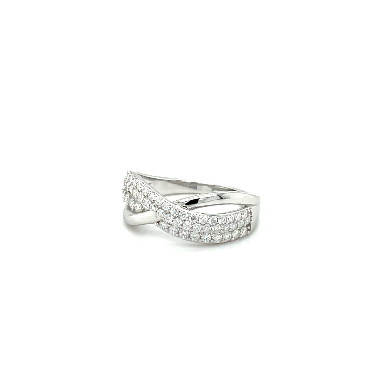 TTT High Polish, Criss-Cross Ring w/Moissanite Gemstones; Platinum Plated.