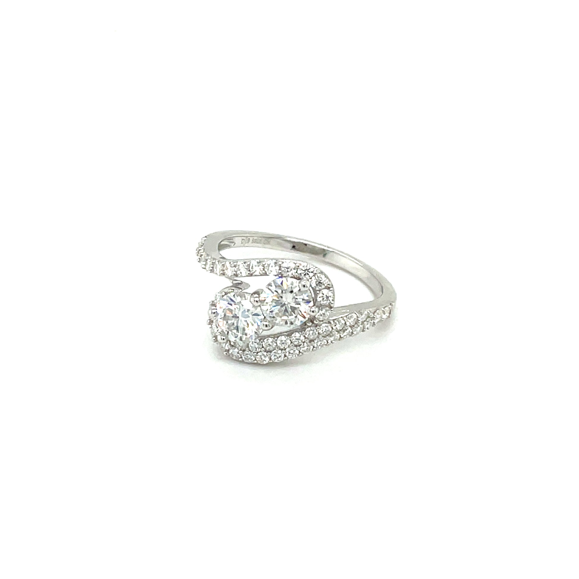 TTT Slanted, Swirl Band Ring w/2 Round and Moissanite Gemstone Accents; Platinum Plated SS.