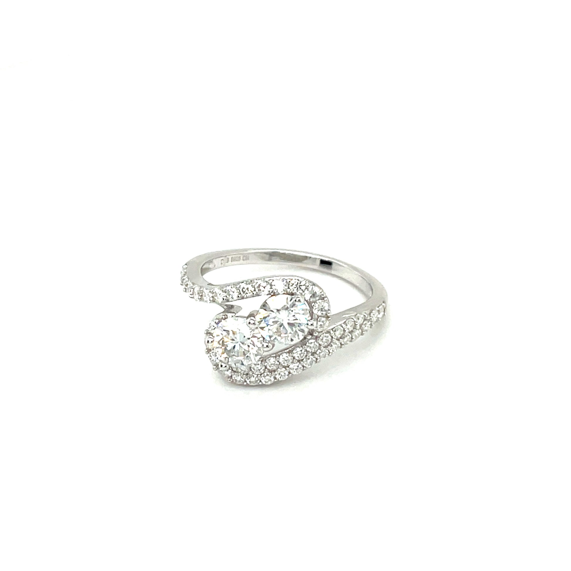 TTT Slanted, Swirl Band Ring w/2 Round and Moissanite Gemstone Accents; Platinum Plated SS.