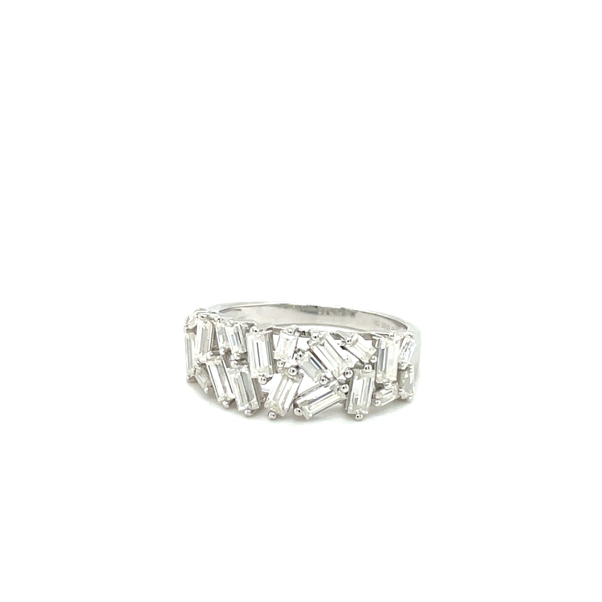 TTT Rectangular Moissanite Gemstone Baquettes Ring; Rhodium Plated Sterling Silver.