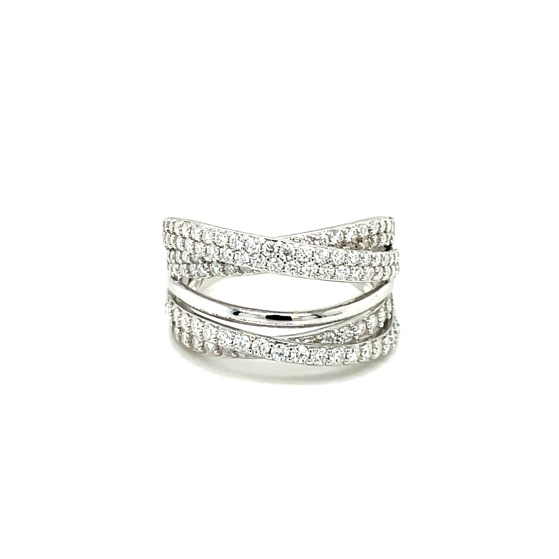TTT 5 Band Criss-Cross Ring w/Moissanite Gemstone Highlights; Plated SS.