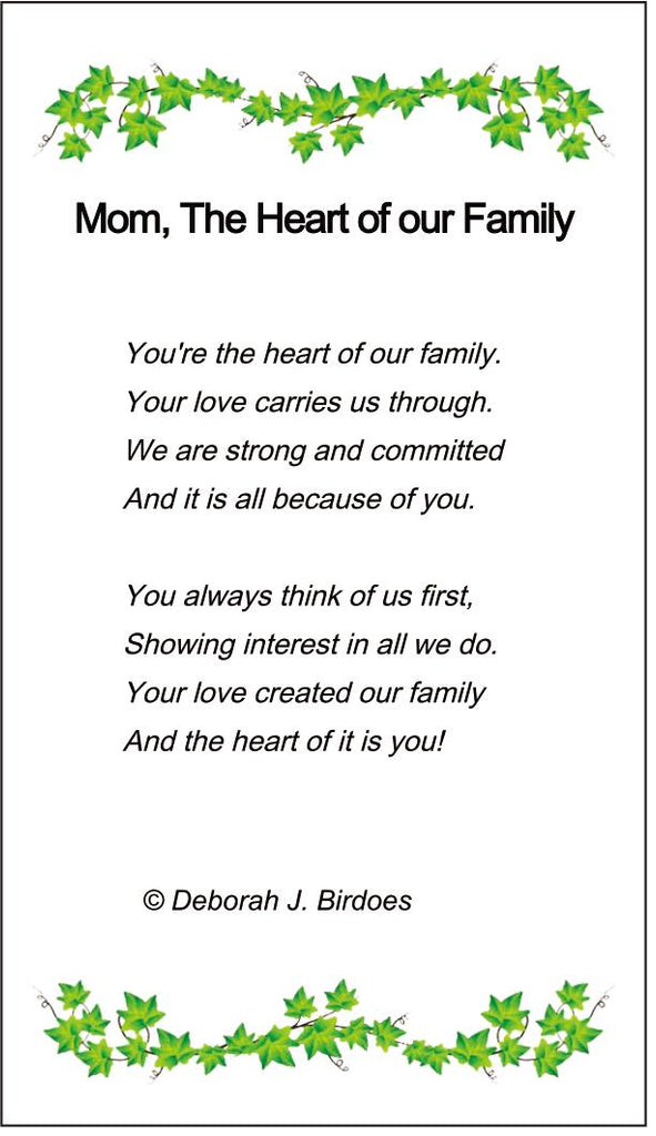 Poem card of M Mom, The Heart Of Our Family Pendant; Rhodium Plated, Sterling Silver w/Created Sapphire Accents & Chain.