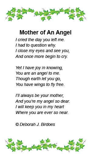 Poem card of CC Mother Of An Angel Heart Pendant; Platinum Plated SS w/SS Chain.