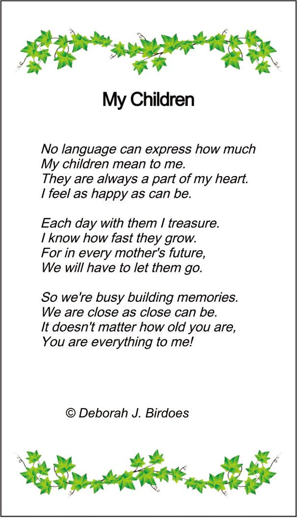 Poem card of M My Children Scrolled Heart Pendant; Plated SS w/Created Sapphire Gemstones & Chain.