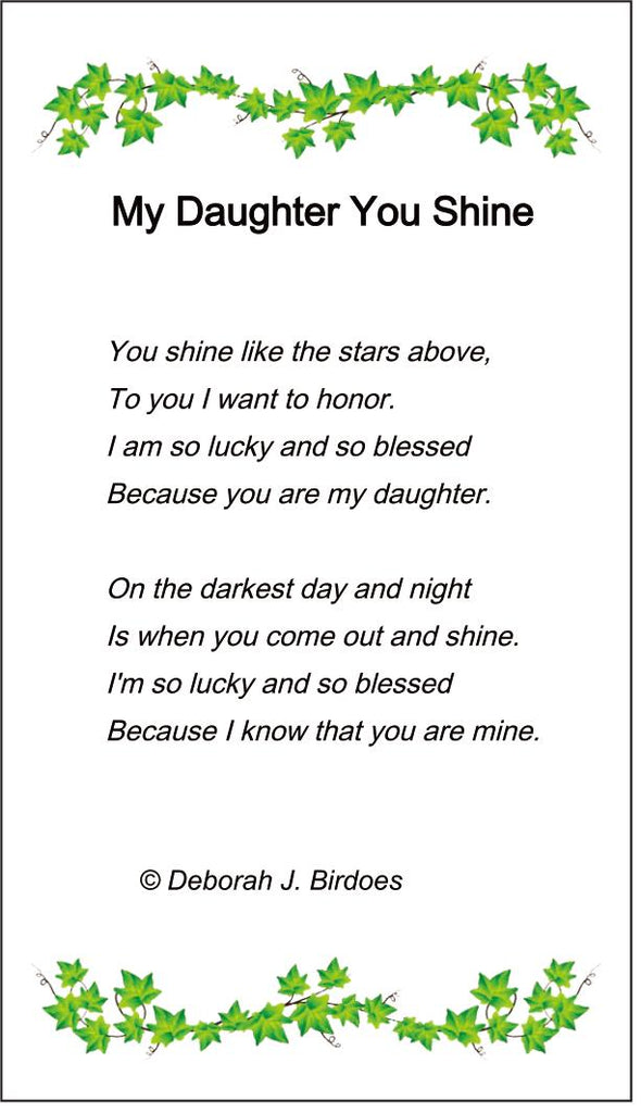 Poem card of M My Daughter You Shine, Antiqued Heart Pendant; SS w/Created Sapphire Gemstones & Chain.