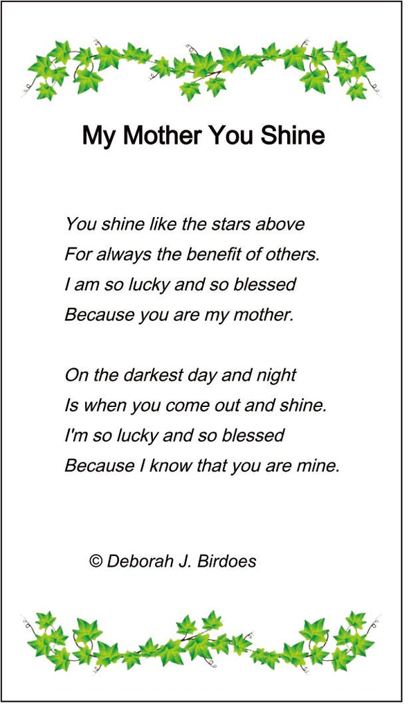 Poem card of M My Mother You Shine, Antiqued Heart Pendant; Rhodium Plated SS w/Created Sapphires & 18