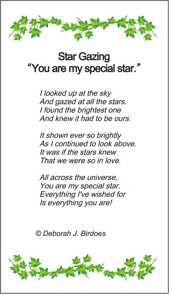 Poem card of M Star Gazing, Two Tone Pendant; SS w/Created Sapphire Accents & Chain.