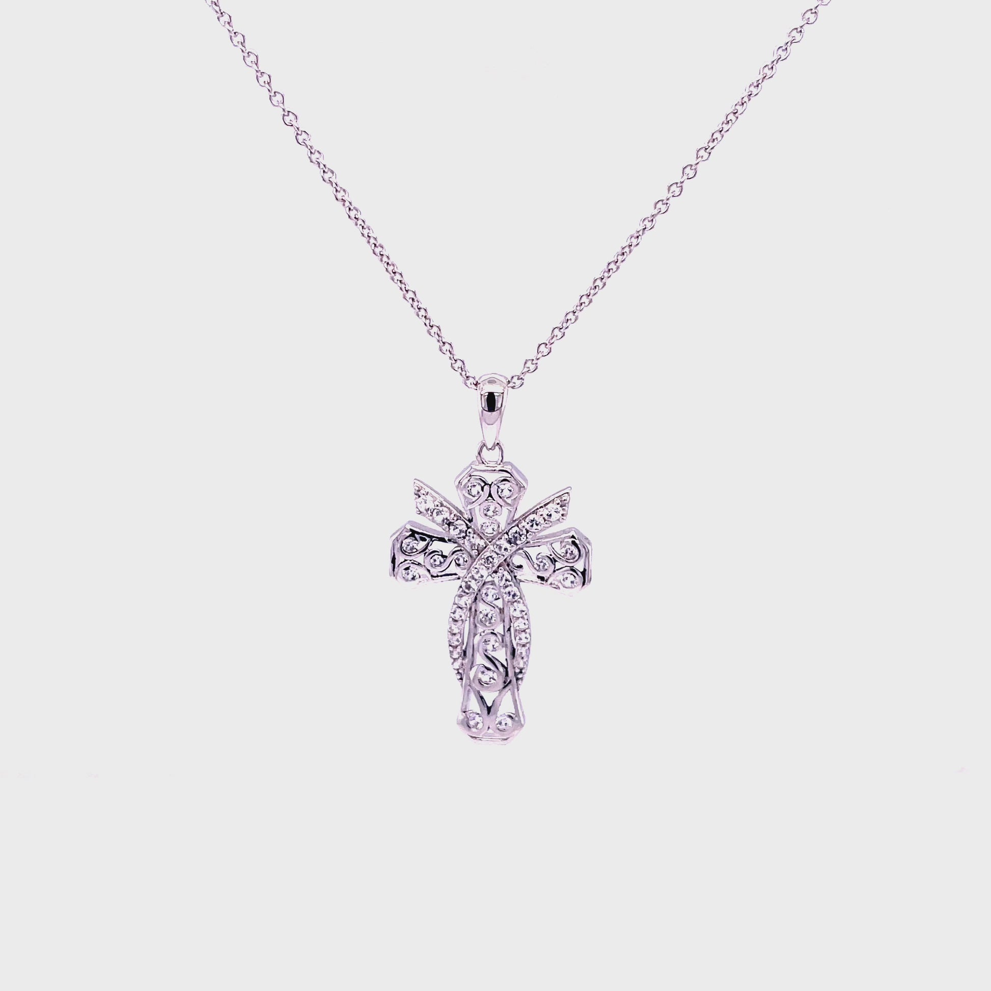 M Faithful,  Rhodium Plated SS Cross w/Created Sapphire Gemstones & SS Chain.