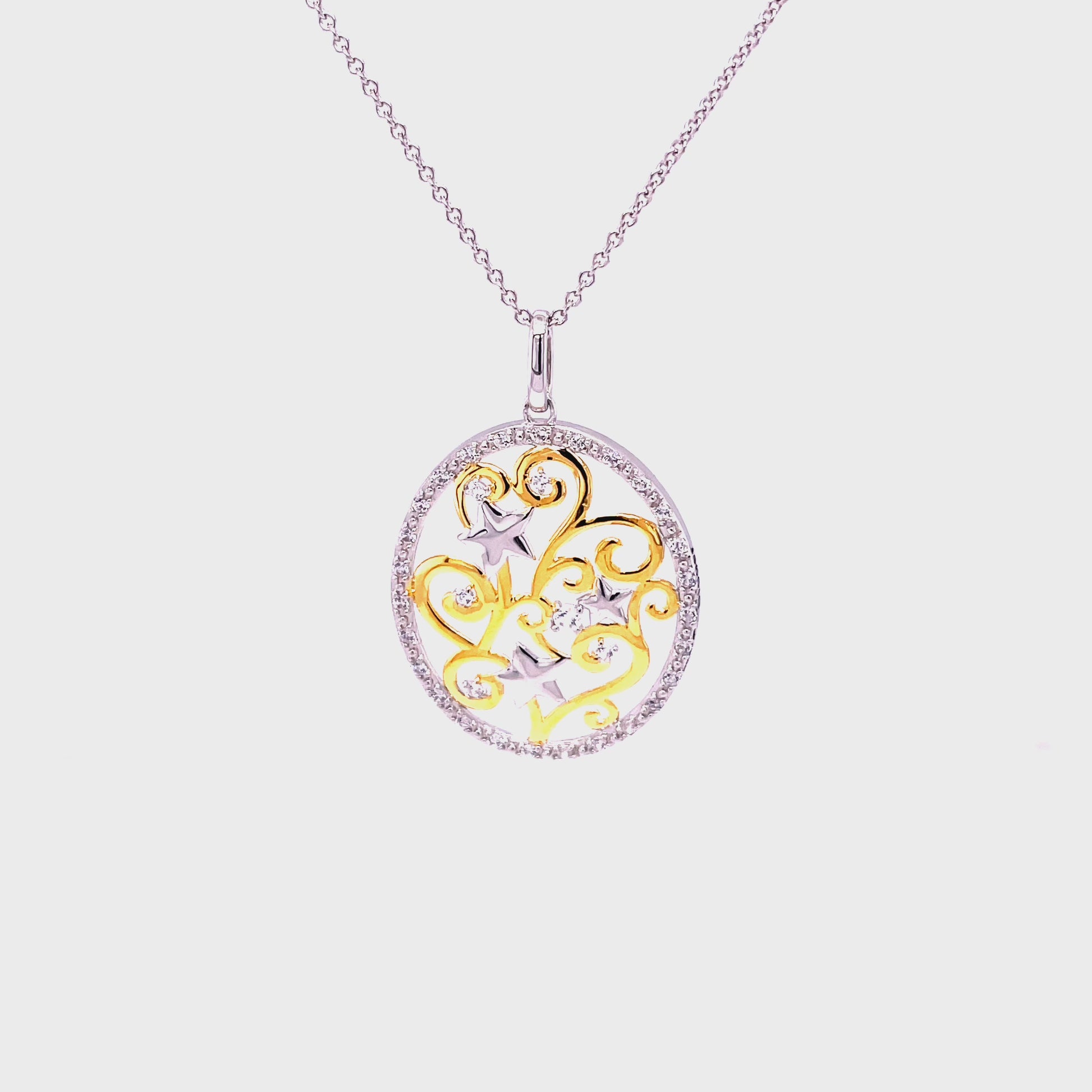 M Dream Bigger, Fancy Hearts Pendant; Two Tone SS w/Created Sapphires & 18" Chain.