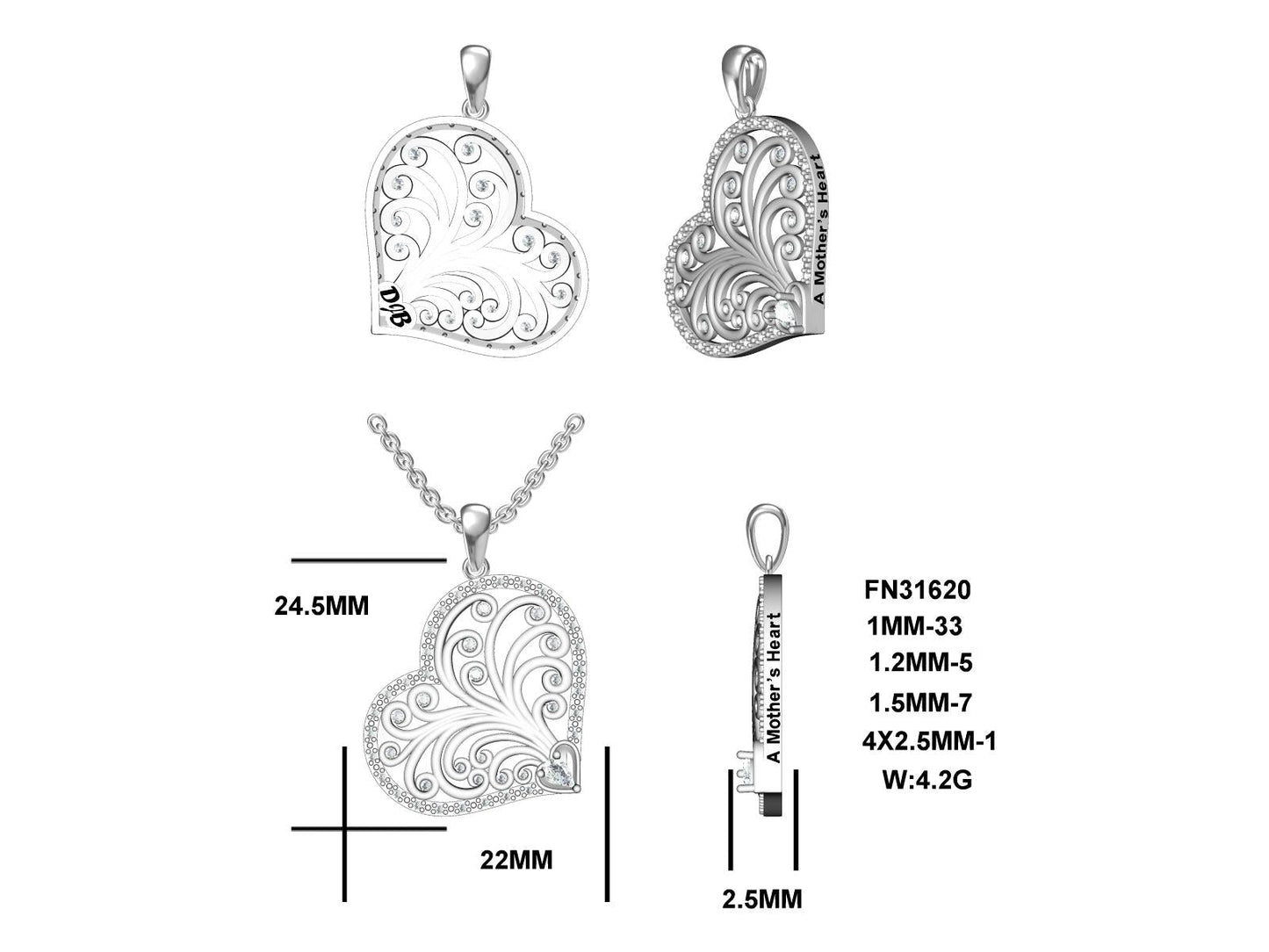 LM A Mother’s Heart, Slightly Antiqued, Rhodium Plated, Sterling Silver Pendant w/Created Sapphire Accents & Pltd., SS Chain.-WH