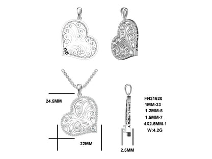 LM A Mother’s Heart, Slightly Antiqued, Rhodium Plated, Sterling Silver Pendant w/Created Sapphire Accents & Pltd., SS Chain.-WH