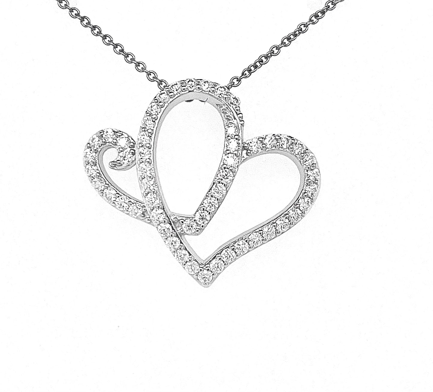 AH SS Hearts Pendant w/Moissanite Gemstones & 18" Chain; Rhodium Plated.-WH