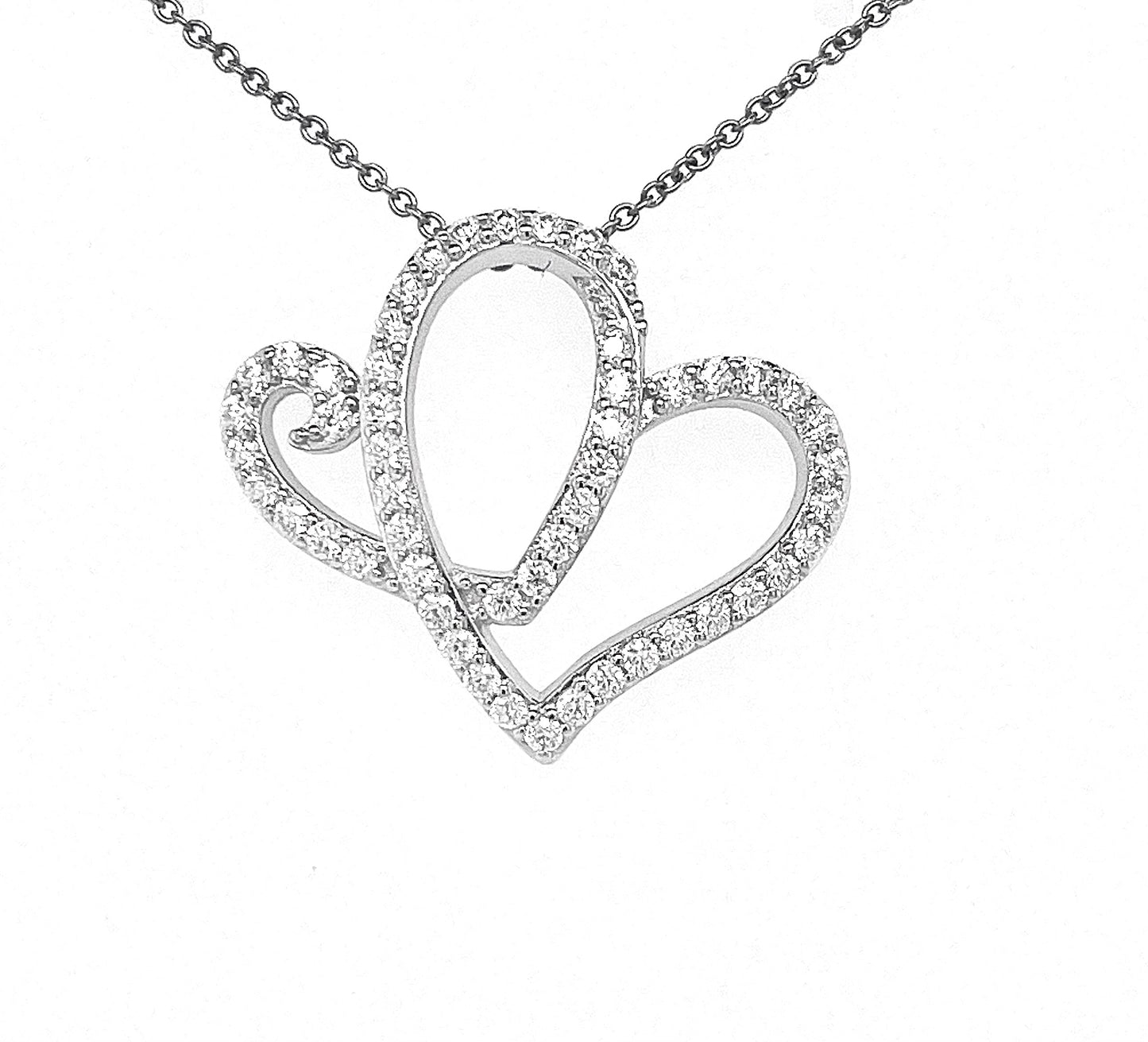 AH Full Moissanite Gemstone, Two Hearts Pendant w/Large Center Stone & 18"Chain; Plated SS.