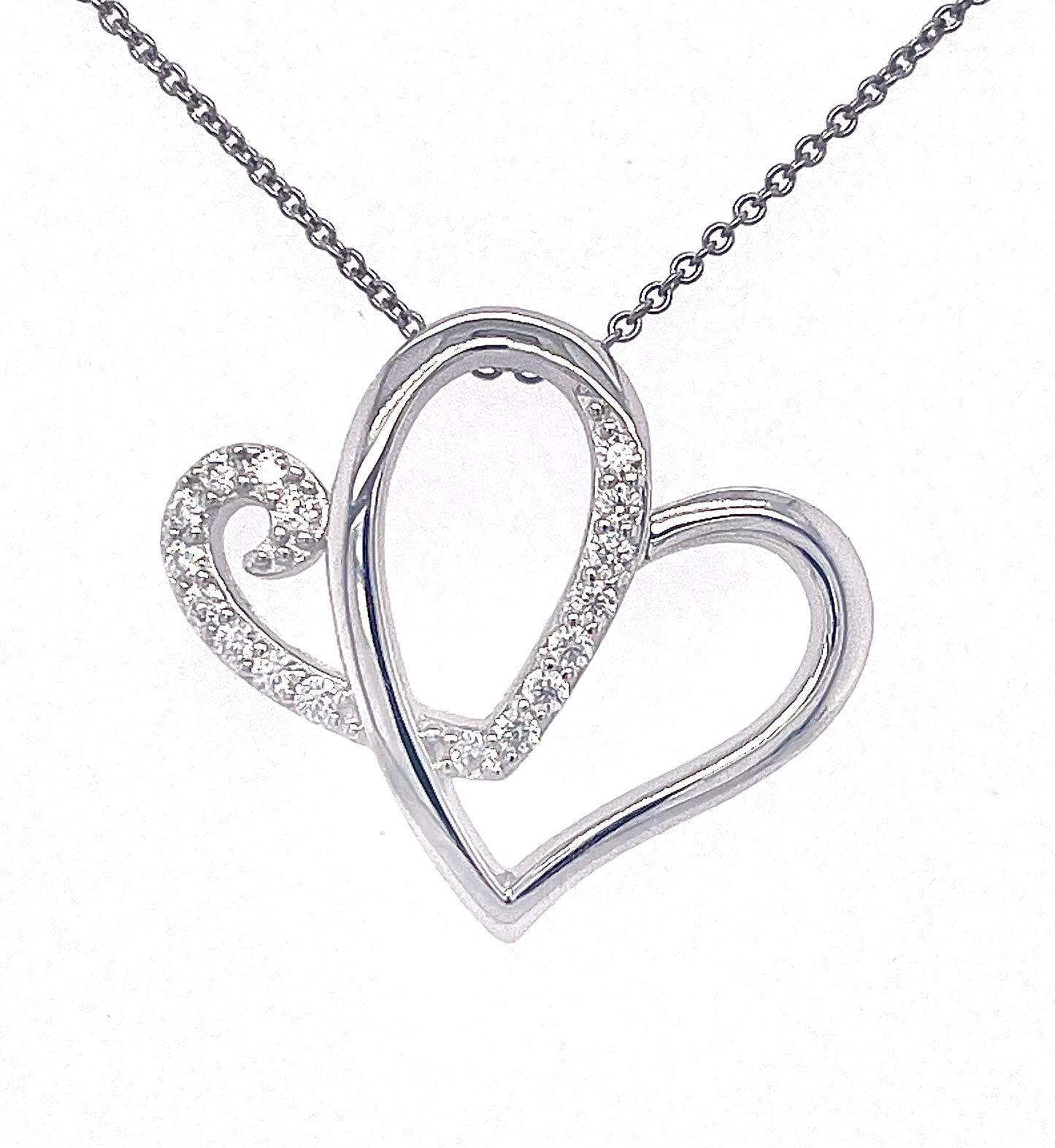 AH  Two Hearts, White Gold Pendant w/Lab Grown Diamond Highlights.