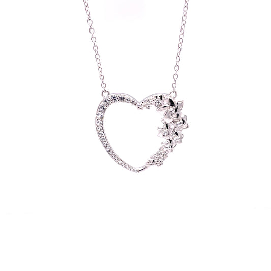 LM Grow Old With Me, Rhodium Plated, Sterling Silver, Heart Pendant w/Created Sapphire Highlights & Pltd. SS Chain.-WH