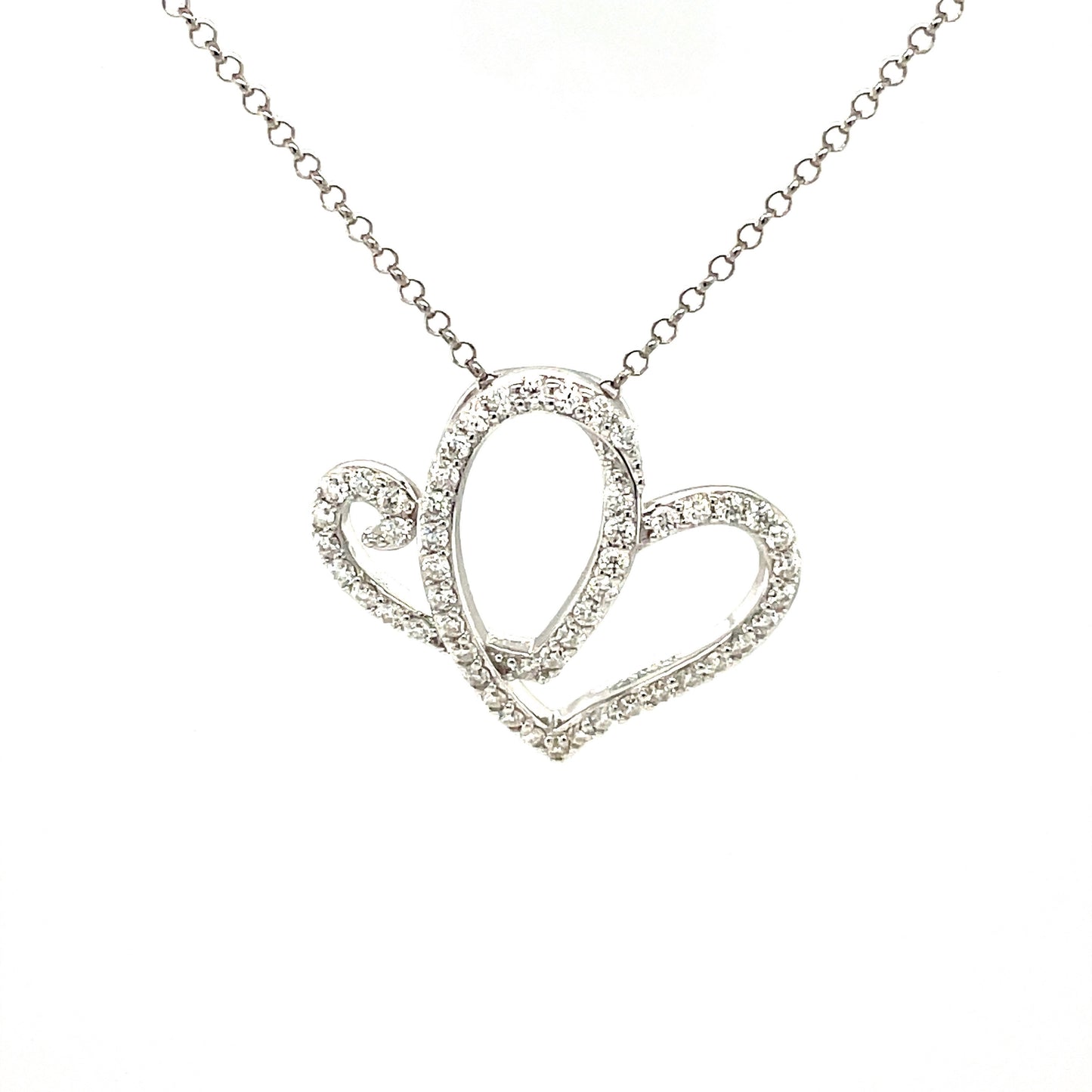 AH SS Hearts Pendant w/Moissanite Gemstones & 18" Chain; Rhodium Plated.-WH