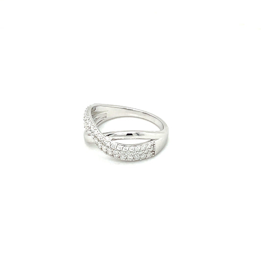 TTT High Polish, Sterling Silver, Criss-Cross Ring w/Moissanite Gemstones; Platinum Plated.-WH