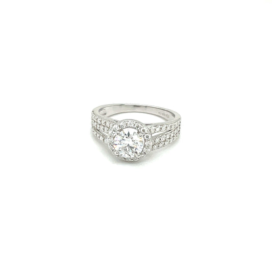 Through Thick & Thin Platinum Plated, Sterling Silver Ring w/1 Ct Round, Halo & Moissanite Gemstone Accents