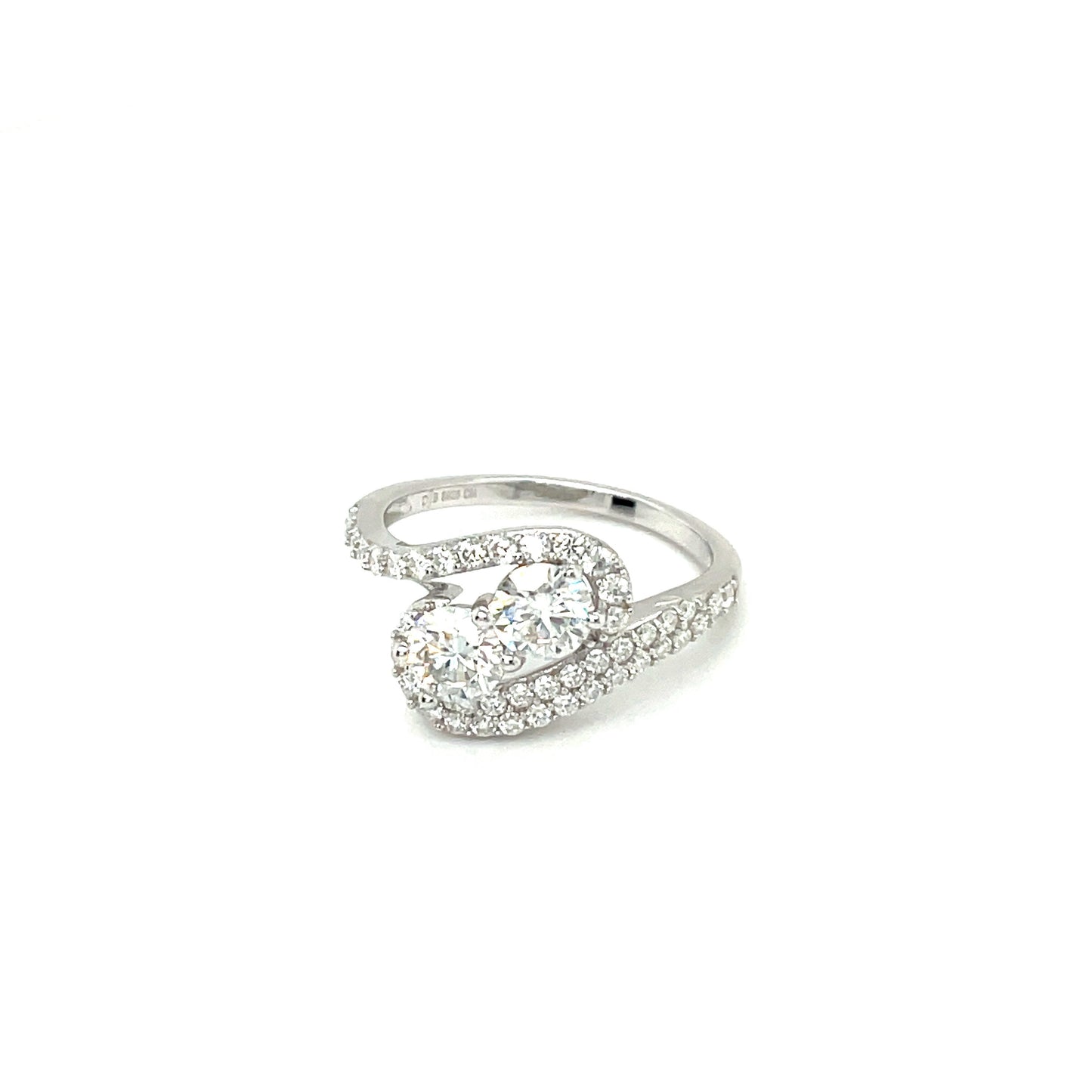 TTT Rhodium Plated, SS Ring w/2 Round and Moissanite Gemstone Accents on a Slanted, Swirl Band.-WH