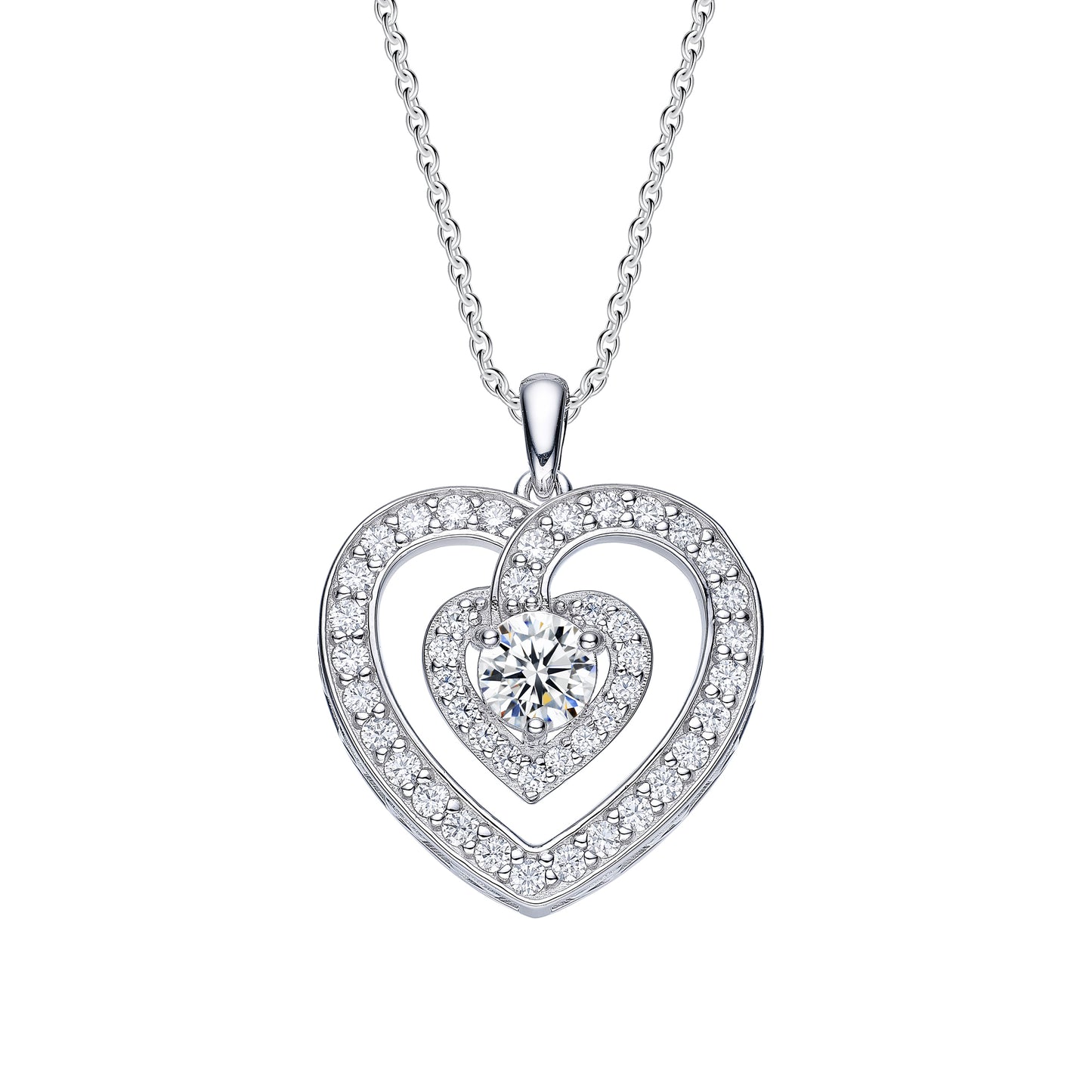 LE Large Stone Moissanite Gemstone Heart Pendant w/Full Accents; Platinum Plated SS.