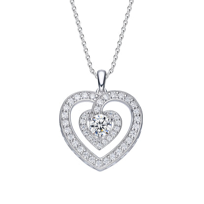LE Large Stone Moissanite Gemstone Heart Pendant w/Full Accents; Platinum Plated SS.