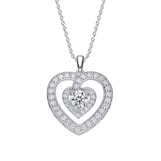 The Power of Love tm; Platinum Plated Sterling Silver Heart Pendant w/Large Moissanite Gemstone & Accents.