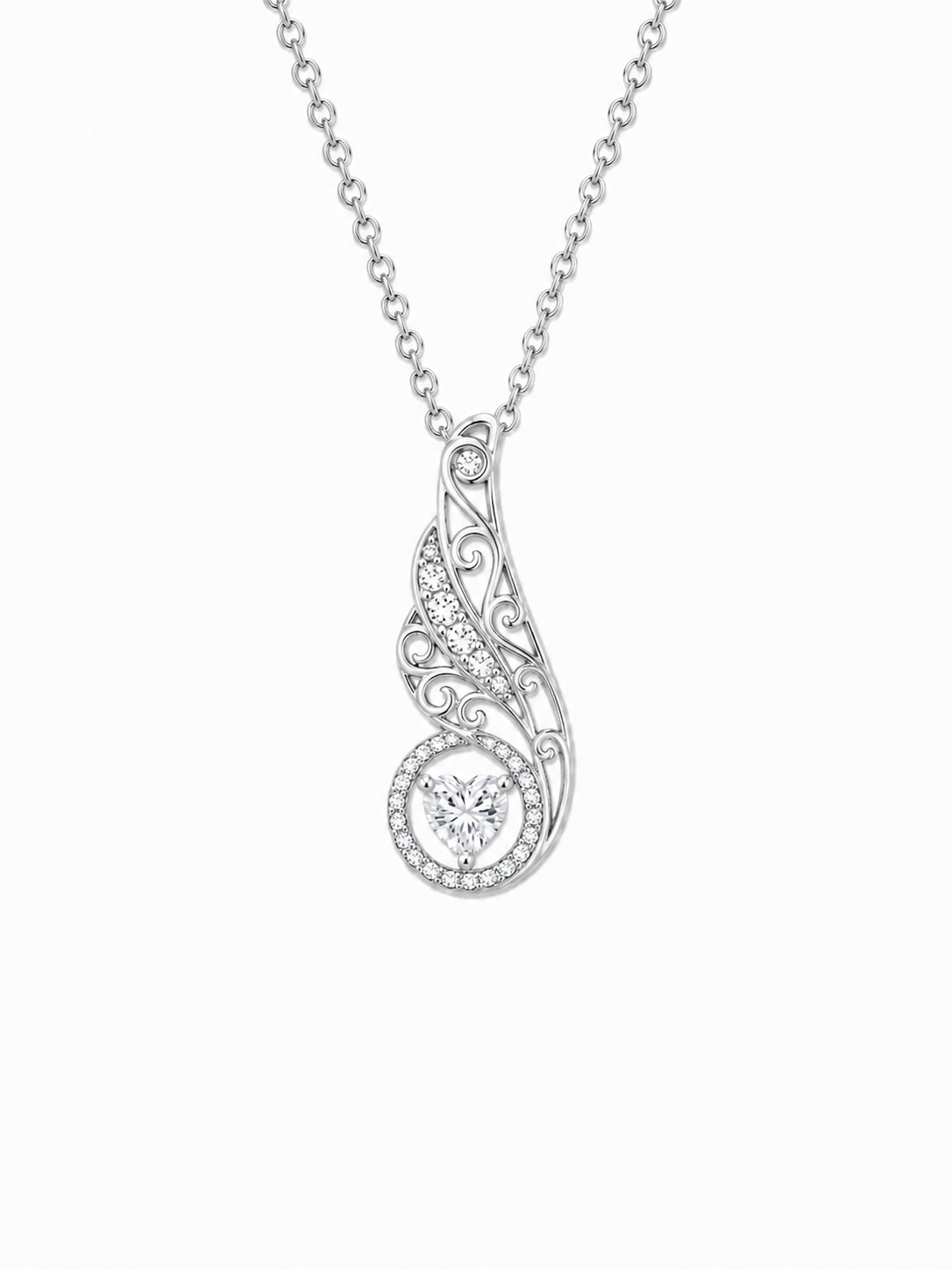 M Angel Blessings Pendant; Antiqued, Rhodium Plated SS w/Created Sapphire Gemstone Heart & Accents and Chain.